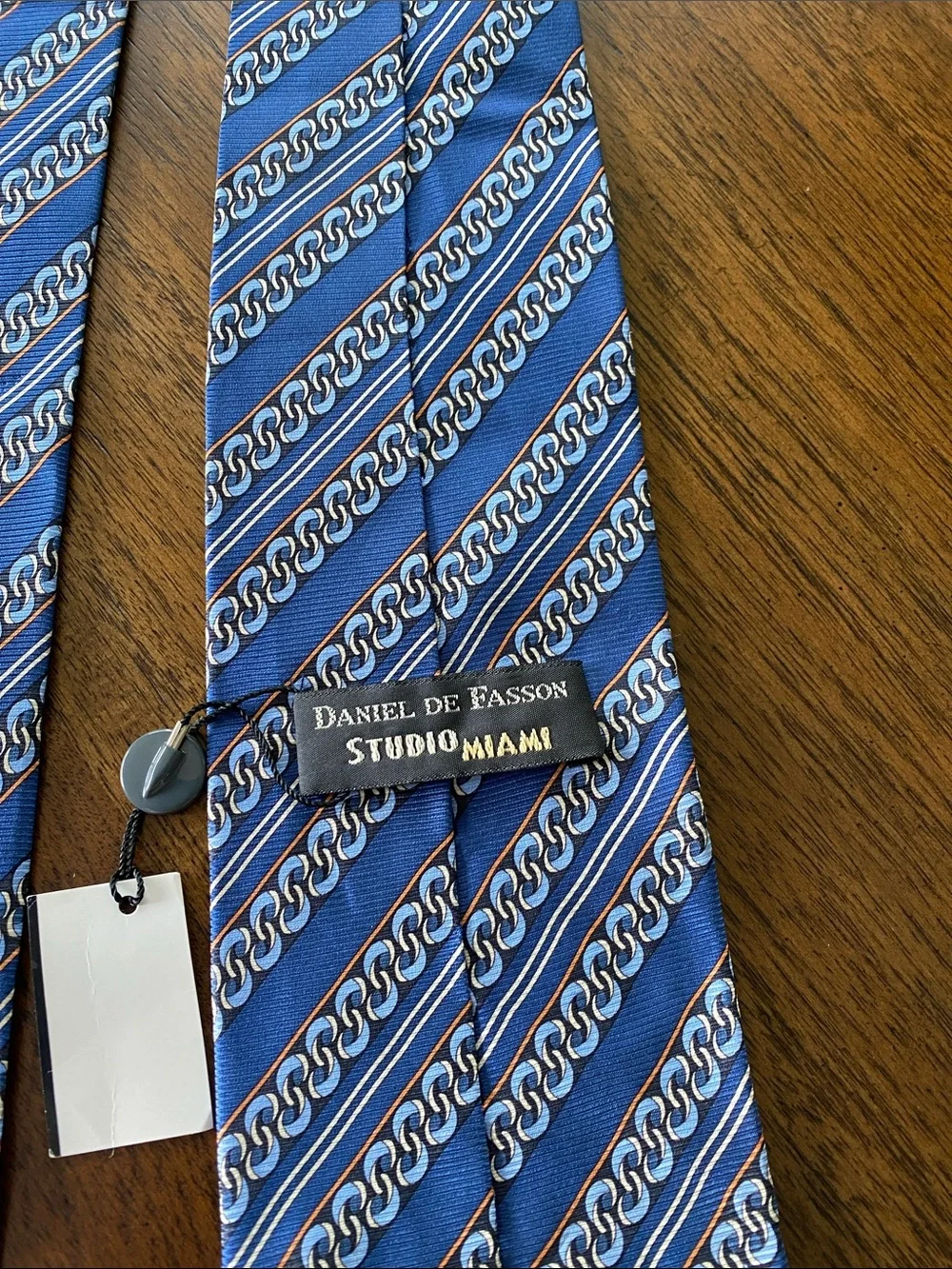 NWT Daniel de Fasson Studio Miami Handmade Silk Tie Blue Geometric Chain Link